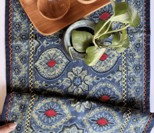 Dining Table Runner in Cotton with Block Print Blue | Eco Friendly Tableware Sustainably Crafted from Pure Cotton | Handmade In India - Image 2
